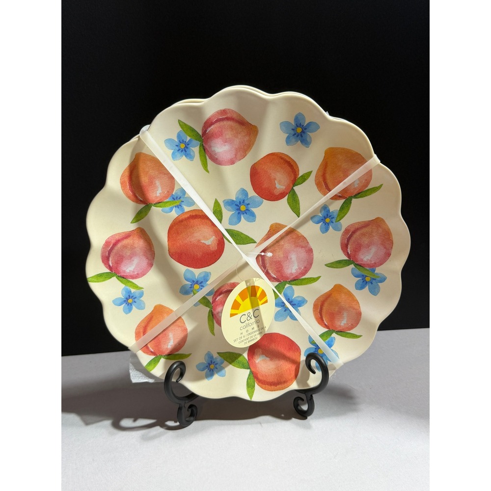 C&C California Home Bamboo Fiber Peach Floral Scalloped Dinner Plates Set of 4